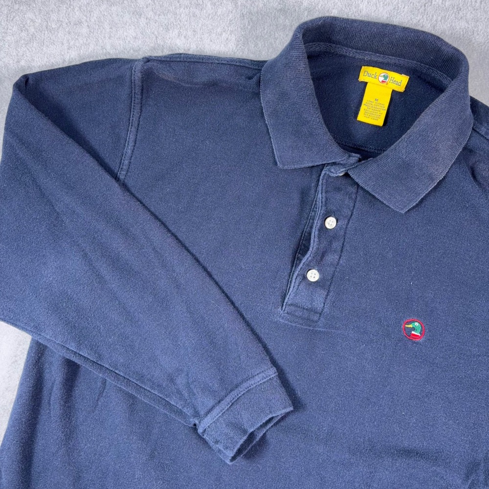Duck Head Polo Shirt Mens M Navy Blue Solid Long Sleeve Embroidered Logo VTG